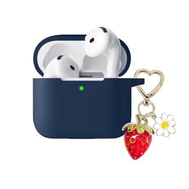 Imagem de AGAOSH Capa para Airpods 4 com lindo chaveiro de coração com pingente de morango, capa protetora de silicone macio, acessórios para Apple Airpods 4ª geração, capa para mulheres e homens, azul