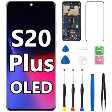 Imagem de Substituição de tela OLED para Samsung Galaxy S20 Plus 5G com botão lateral de moldura LCD display touch digitalizador conjunto completo com kit de ferramentas de reparo SM-G986U SM-G986U1
