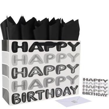 Imagem de Conjunto de sacolas de presente de feliz aniversário preto extra grande de 42 cm com alças, cartão comemorativo, papel de seda e adesivos para homens, meninos, crianças, adolescentes, design de