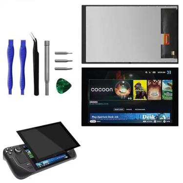 Imagem de POBRIDA Conjunto de reposição de reparo de tela sensível ao toque IPS LCD de 7 polegadas para console de jogos portátil Steam Deck preto com ferramentas de reparo (edição fosco antirreflexo, não para
