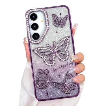 Imagem de Bonoma Capa com glitter para Samsung Galaxy S25, linda estampa de borboleta 3D, capa traseira macia com proteção para câmera para mulheres e meninas, roxa
