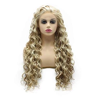 Imagem de Aurssa Peruca longa e encaracolada loira amarrada à mão, resistente ao calor, sintética para festa