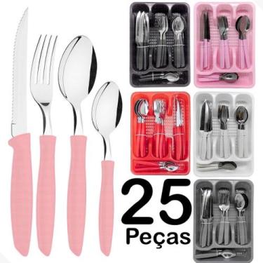 Imagem de Talheres Inox Colher Faca Garfo Faqueiro Suporte Gaveteiro Jogo  25 Pe