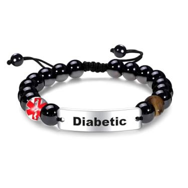 Imagem de COMTRUDE Pulseira de identificação de alerta médico para homens e mulheres pulseiras ajustáveis pulseiras personalizadas pingente joia de aço inoxidável pulseira de contas obsidiana presente, 1, Aço