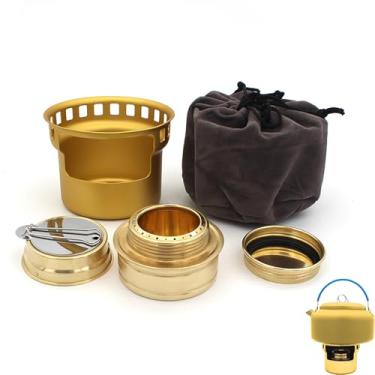 Imagem de Mini estufa de alcohol para mochila,Quemador de espíritu de latón ligero con soporte de aluminio,Quemador de alcohol portátil con bolsa de almacenamiento (Golden)