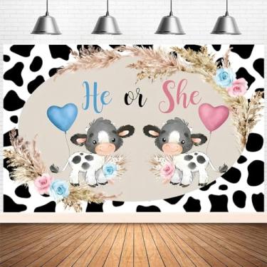 Imagem de Vaca Gênero Revelar Fundo Azul e Rosa Balões Fotografia He or She What Will Baby Be Boho Floral Gênero Revelar Decorações de Festa Faixa Faixa de Chá de Bebê Recém-nascido Adereços (1,5 x 7 m)