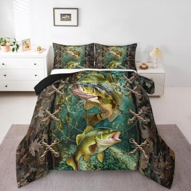 Imagem de Feelyou Conjunto de cama de pesca e caça, peixe lúcio, para decoração de quarto de crianças, meninos, meninas, adolescentes, robalo, peixe grande, conjunto de edredom casal com 3 peças