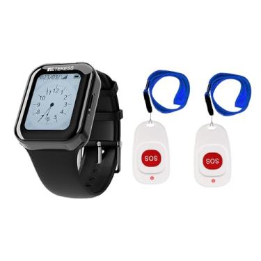 Imagem de Retekess Sistema de campainha de chamada TD113, pager para cuidadores, IP67 impermeável, vários modos de lembrete, tela sensível ao toque, 2 botões de emergência para casa, idosos, pacientes