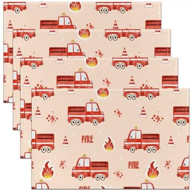 Imagem de jejeloiu Jogo americano de caminhão de bombeiros, conjunto de 4 jogos americanos de carro de bombeiros para mesa de jantar, tapete de mesa de decoração de tecido lavável vermelho 45,7 cm x 30,5 cm