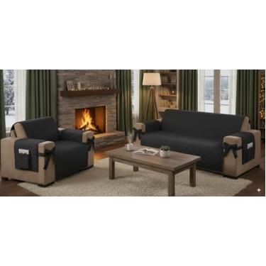 Imagem de Kit Capa Protetora para Sofá 2 e 3 Lugares | Protetor de Sofá Ajustável com Laço Decorativo | Capas Laváveis Antiderrapantes | Proteção contra Sujeira, Manchas, Pets e Crianças (Preto)