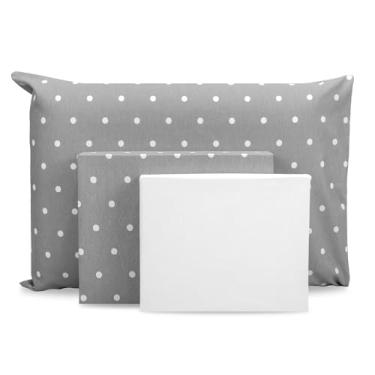 Imagem de Jogo de Lençol Solteiro 3 peças Estampado c/Ponto Palito Percal 180 fios (POÁ CINZA - BRANCO)