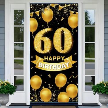 Imagem de PHXEY Decoração de aniversário de 60 anos para homens e mulheres, pano de fundo de tecido feliz aniversário de 60 anos preto dourado, 60 anos de idade, placa de quintal para festa de aniversário de 60
