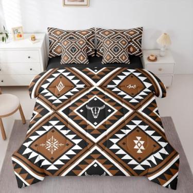 Imagem de Erosebridal Conjunto de edredom rústico ocidental com 7 peças para homens, roupa de cama asteca do sudoeste, boêmia, chifres, étnico, touro, caveira, casa de fazenda, decoração de quarto, marrom