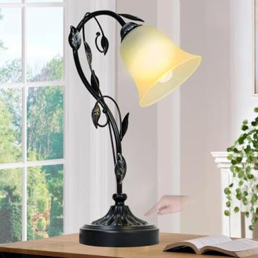 Imagem de Flashell Candeeiros de mesa de cabeceira, luminária rústica de leitura de mesa-de-cabeceira, lâmpada de flor regulável de 3 vias com portas USB, luz de mesa vintage com vitral para quarto e sala de