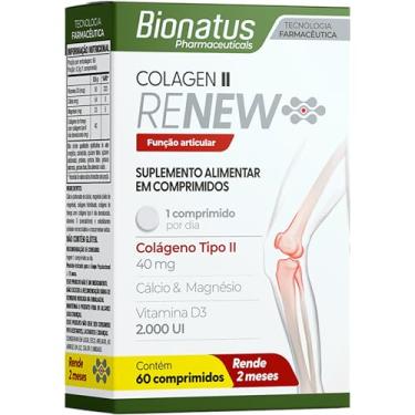 Imagem de Bionatus, Colágen II, Renew, Suplemento alimentar, Colágeno Tipo II 40mg + Vitamina D3 2.000 UI + Cálcio 54mg + Magnésio 23mg, 60 cápsulas • 60 doses, Branco