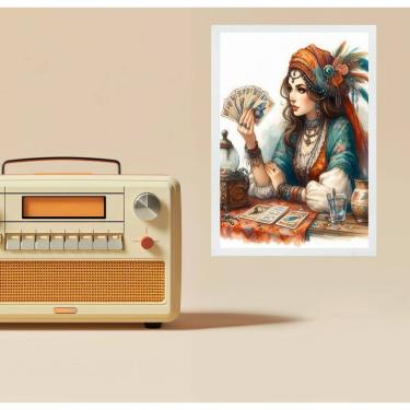 Imagem de Quadro Decorativo Cigana Com Baralho Cigano 33X24Cm - Vidro