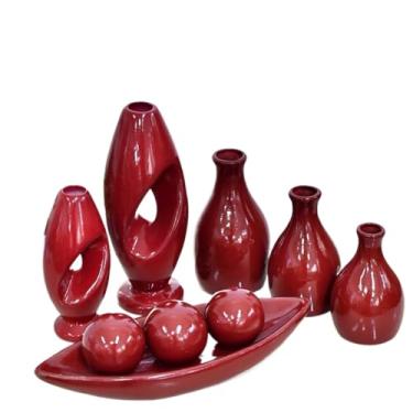 Imagem de Vasos Decorativos Para Sala,Enfeite 9 Vasos Peça Decorativo Kit Cerâmica Rack Sala Conjunto Completo Trio Casa Centro Mesa Dupla(MARSALA LISO 9PÇS)