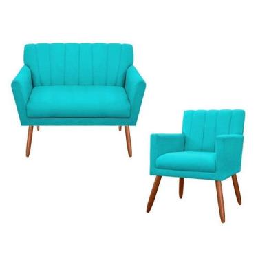 Imagem de Kit Namoradeira + 1 Poltrona Decorativa Cecília Suede Azul Turquesa Pé