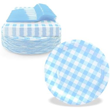 Imagem de WYQJHKV Serve 35 convidados azul claro material de festa guingão inclui pratos e guardanapos de papel de sobremesa azul claro descartáveis de 17 polegadas para casamento, chá de bebê, festa de