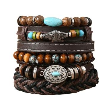 Imagem de Dreuyet Pulseiras ocidentais para mulheres e homens, vintage, boêmia, empilhável, turquesa, miçangas, pulseira elástica rústica com pingente de cabeça de vaca, joia de caubói country, Adjustable