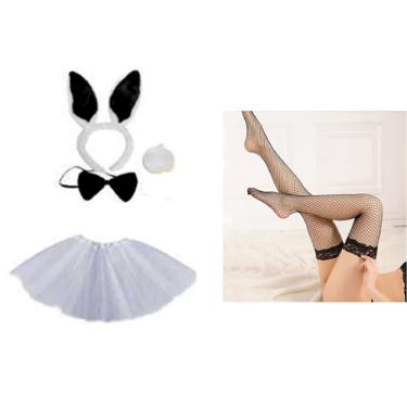 Imagem de Fantasia Coelhinha Branca Tiara Gravata Rabinho Saia Meia