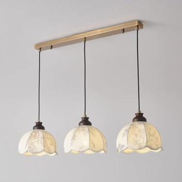 Imagem de Luminária pendente de flores, ilha de cozinha, pequena, de meados do século, luminária suspensa com 3 luzes, tecido, lustre vintage de madeira para sala de jantar, ilha de cozinha, quarto, c