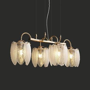 Imagem de Lustres lineares modernos de 4 luzes para sala de jantar, luminária pendente linear longa de ilha de cozinha, luminária de teto de vidro de pena branca e dourada nórdica para foyer de restau