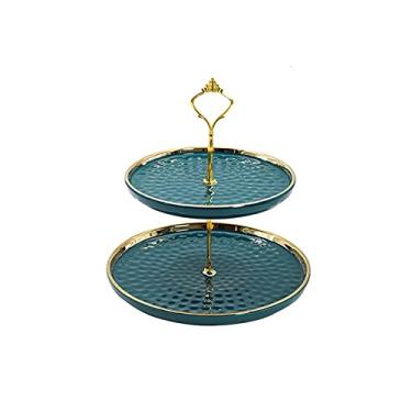 Imagem de Suporte de bolo, expositor de prato de bolo, giratório, biscoito de bolo, suporte de frutas, suporte de exibição de bolo criativo de cerâmica de duas camadas, design destacável de mesa de sobremesa