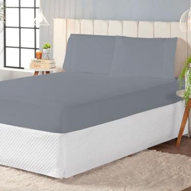 Imagem de Jogo de Lençol 400 Fios, 3 Peças com Elástico e Fronhas, Tamanhos Solteiro a King, 100% Poliéster (Cinza, King 03 Peças)