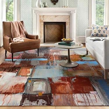 Imagem de Tapetes grandes antiderrapantes decoração de casa tapete fino escritório em casa, sala de estar, quarto, cozinha quadrados de cores a óleo sobre tela amarela vermelha e azul, 90 x 160 cm (100 x 2