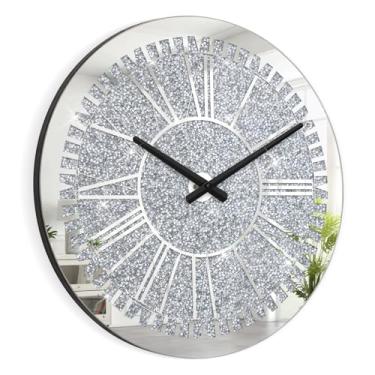 Imagem de Relógio de parede de diamante triturado de cristal redondo espelhado relógio moderno de vidro prateado para parede brilhante relógios pendurados para sala de estar quarto sala de jantar decorativo