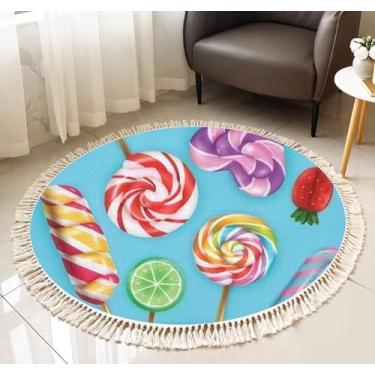 Imagem de Tapete redondo com franja, pirulito, doces, vista de perto, estampa sem costura, pastel, listrado, bengala, boho, borla, tapete de linho, tecido à mão, tapete de corredor para pátio, corredor
