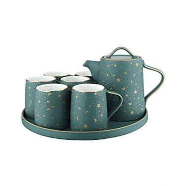 Imagem de Conjunto de chávenas de chá de cerâmica estilo europeu com bule de chá, 6 colheres de chá, bandeja de 6 xícaras, conjunto de xícaras de café para chá e bebida de cappuccino (verde)