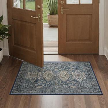 Imagem de Bavni Tapete lavável 5 x 10 cm, corredor pequeno antiderrapante para entrada, cozinha ou banheiro, estampa vintage, tapete interno fino e baixo, azul