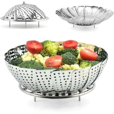 Imagem de Cesto Cozimento a Vapor Inox Dobrável – Escorredor de Legumes, Frutas e Verduras – Cozinha Saudável e Prática