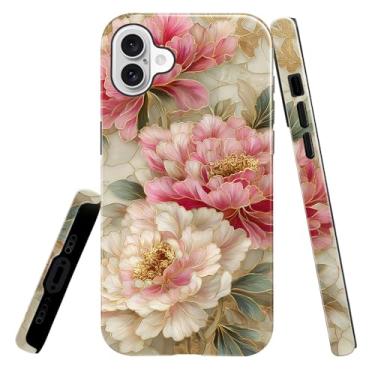 Imagem de heindiy Compatível com iPhone 16 Plus, capa brilhante, proteção total, à prova de choque, anti-arranhões, capa de TPU, capas para homens e mulheres - estilo vintage de peônia com vitral