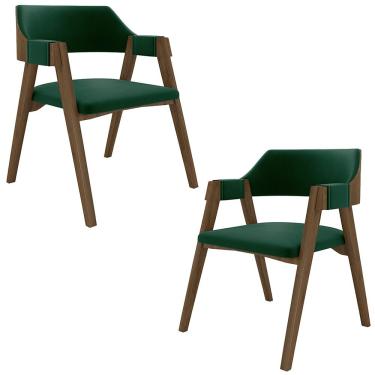 Imagem de Kit 2 Cadeiras Sala de Jantar e Jogos Carteados Madeira Maciça Poker Veludo Verde/Nogueira G42 - Gran Belo