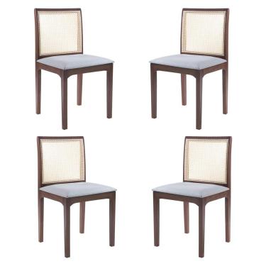 Imagem de Kit 04 Cadeiras Sala de Jantar Madeira Maciça Steve Tela Rattan Sextavano Linho Cinza/Amêndoa G55 - Gran Belo