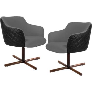 Imagem de Kit 02 Poltronas Giratória Base X Jade D02 Linho Cinza C-416 Tressê Corano Preto - Lyam Decor