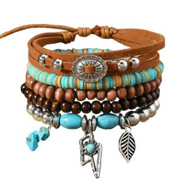 Imagem de MMIUAEG Pulseiras de turquesa natural feitas à mão com contas para botas ocidentais cabeça de boi oval flor cruz de coco pulseira para homens mulheres vintage cowboy vaqueiras joias turquesa, Medium