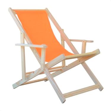 Imagem de Espreguiçadeira Reclinável Com Braço em Madeira Maciça Natural – Para Jardim, Varanda e Área Externa, Tecido Removível (Laranja)