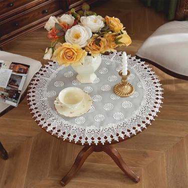 Imagem de Wuluwala Toalha de mesa pequena de renda para mesa redonda, toalha de mesa de jacquard de renda branca com borda de macramê de tecido de poliéster para Dia de Ação de Graças, ao ar livre, cozinha