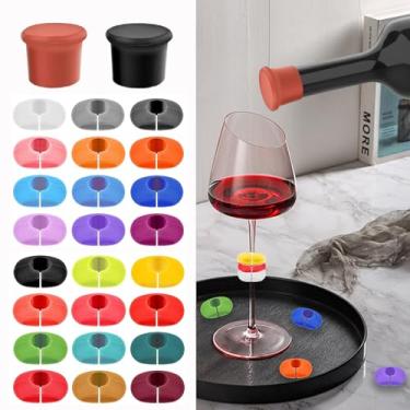 Imagem de Conjunto de marcadores de bebida de 26 peças - pingentes de taça de vinho de silicone com tampa de garrafa - etiquetas de vidro de festa para vinho coquetel champanhe