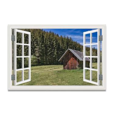 Imagem de Tela de janela falsa The Cabin Next To The ForestSpace-Saving, arte de parede cênica realista para quarto, casa, 80 x 120 cm, sem moldura