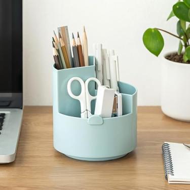 Imagem de Porta-lápis de mesa com 3 compartimentos, organizadores multifuncionais de armazenamento de mesa com rotação de 360°, presentes para homens e mulheres (azul)