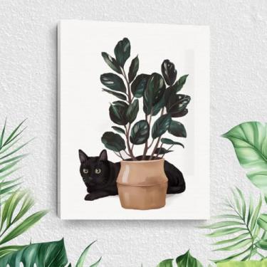 Imagem de Arte de parede emoldurada botânica de gato fofo, folhas verdes, plantas, boho, arte de parede, pinturas, decoração de parede, presentes exclusivos e amantes de gatos, imagem para sala de jantar, sala