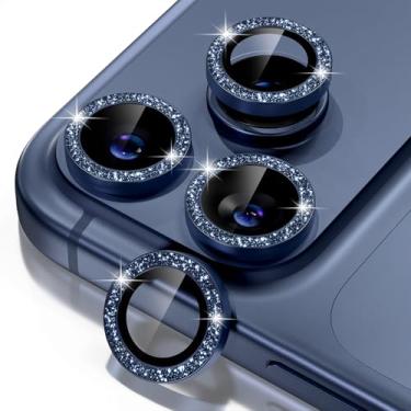 Imagem de Misea Compatível com protetor de lente de câmera de telefone 17 Pro/telefone 17 Pro Max, protetor de tela de vidro temperado 9H, acessórios de decoração de anel individual de metal, glitter azul