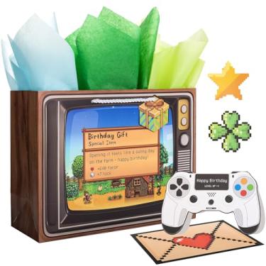 Imagem de Crisky Sacos de aniversário de pixel grande para crianças com cartão comemorativo, papel de seda, videogame meninos bolsa de presente de aniversário para adolescentes meninas homens mulheres decoração