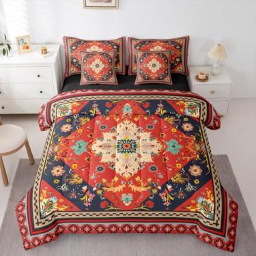 Imagem de Erosebridal Jogo de cama de 7 peças com edredom boêmio indígena asteca do sudoeste, vermelho, verde, preto, tribal, floral, em uma bolsa, mandala com 2 fronhas, 2 fronhas