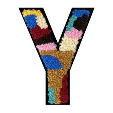 Imagem de 1 peça 11,4 cm colorido camuflagem chenille remendo com borda preta Camuflagem divertida ferro em letras para jaquetas e mochilas, adesivos modernos do alfabeto para moda e presentes (Y)
